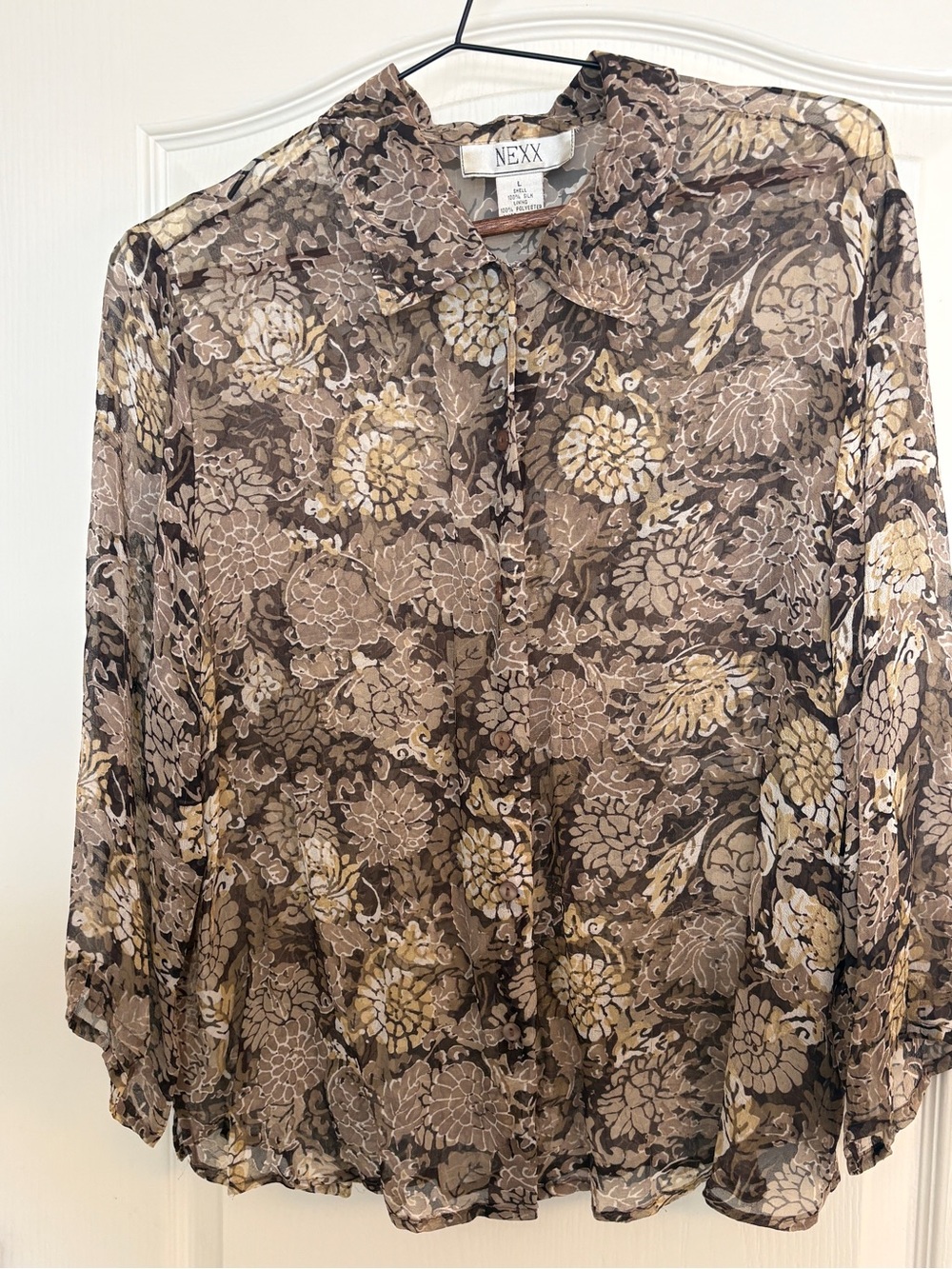 Vintage NEXX 100% Silk Floral Blouse Size Large Brown Whimsigoth Fairy Coquette